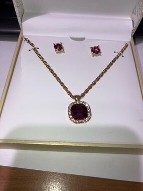 Charter Club Go-Tone Necklace and Stud Earring Set with Deep Pink Center Stones